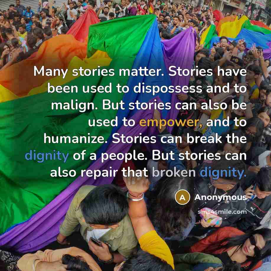“Many stories matter. Stories have been used to dispossess and to malign. But stories can also be used to empower, and to humanize. Stories can break the dignity of a people. But stories can also repair that broken dignity.” quote by Anonymous