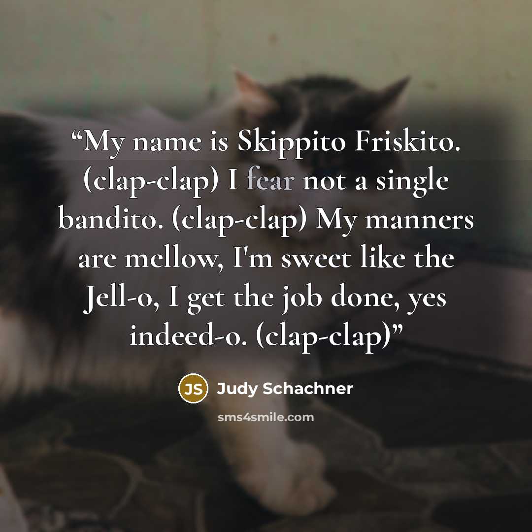 “My name is Skippito Friskito. (clap-clap) I fear not a single bandito. (clap-clap) My manners are mellow, I'm sweet like the Jell-o, I get the job done, yes indeed-o. (clap-clap)” quote by Judy Schachner