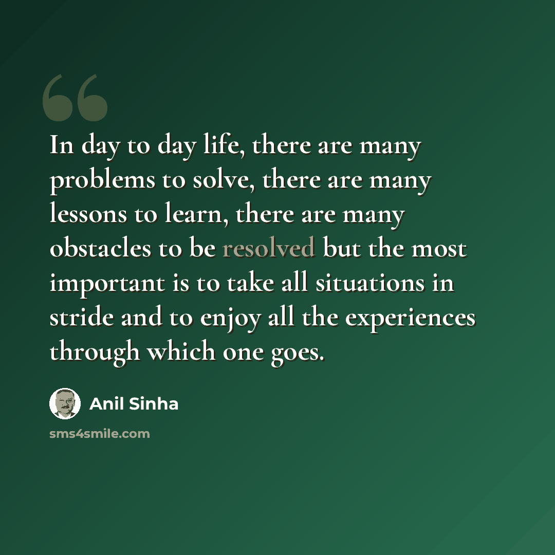 “In day to day life, there are many problems to solve, there are many lessons to learn, there are many obstacles to be resolved but the most important is to take all situations in stride and to enjoy all the experiences through which one goes.” quote by Anil Sinha