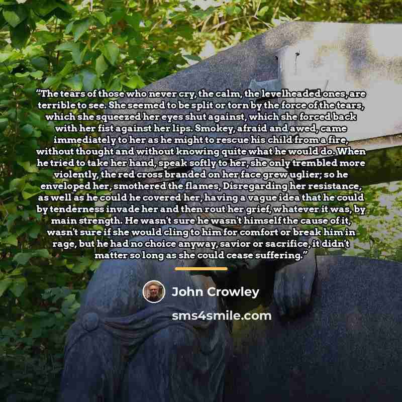“The tears of those who never cry, the calm, the levelheaded ones, are terrible to see. She seemed to be split or torn by the force of the tears, which she squeezed her eyes shut against, which she forced back with her fist against her lips. Smokey, afraid and awed, came immediately to her as he…” quote by John Crowley