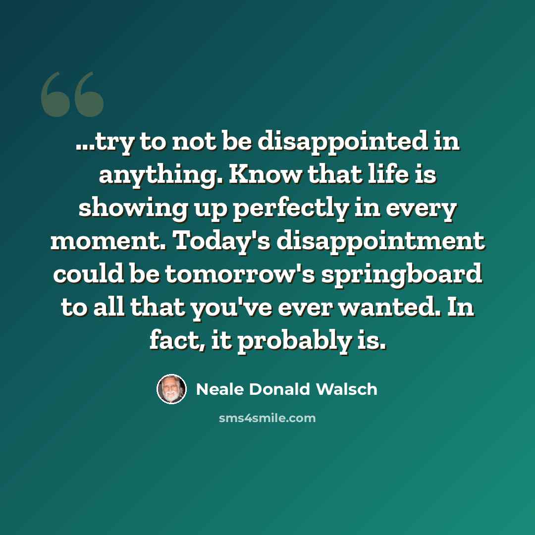 “...try to not be disappointed in anything. Know that life is showing up perfectly in every moment. Today's disappointment could be tomorrow's springboard to all that you've ever wanted. In fact, it probably is.” quote by Neale Donald Walsch
