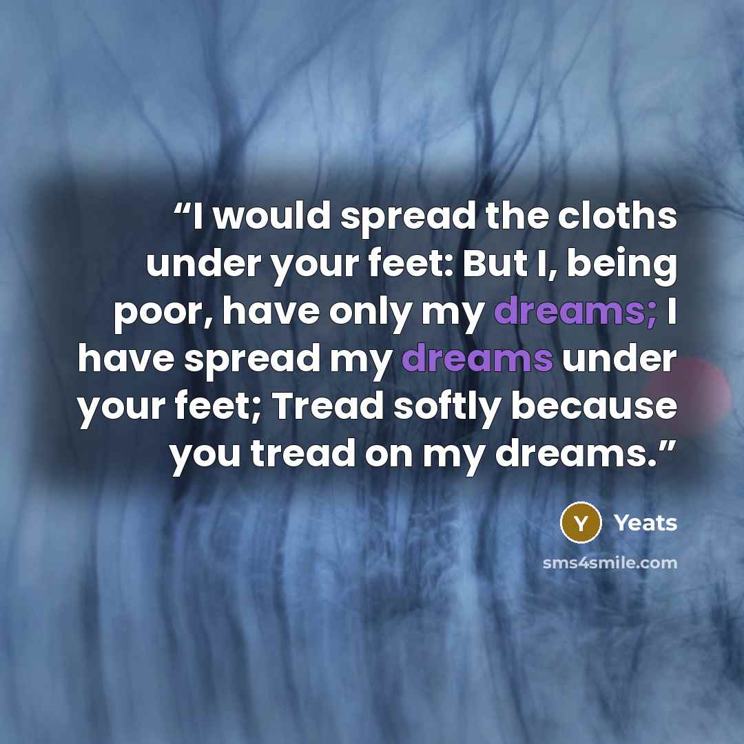 “I would spread the cloths under your feet: But I, being poor, have only my dreams; I have spread my dreams under your feet; Tread softly because you tread on my dreams.” quote by Yeats