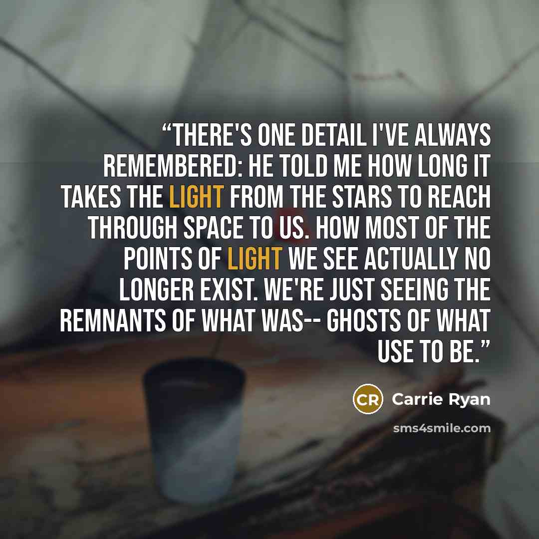 “There's one detail I've always remembered: He told me how long it takes the light from the stars to reach through space to us. How most of the points of light we see actually no longer exist. We're just seeing the remnants of what was-- ghosts of what use to be.” quote by Carrie Ryan