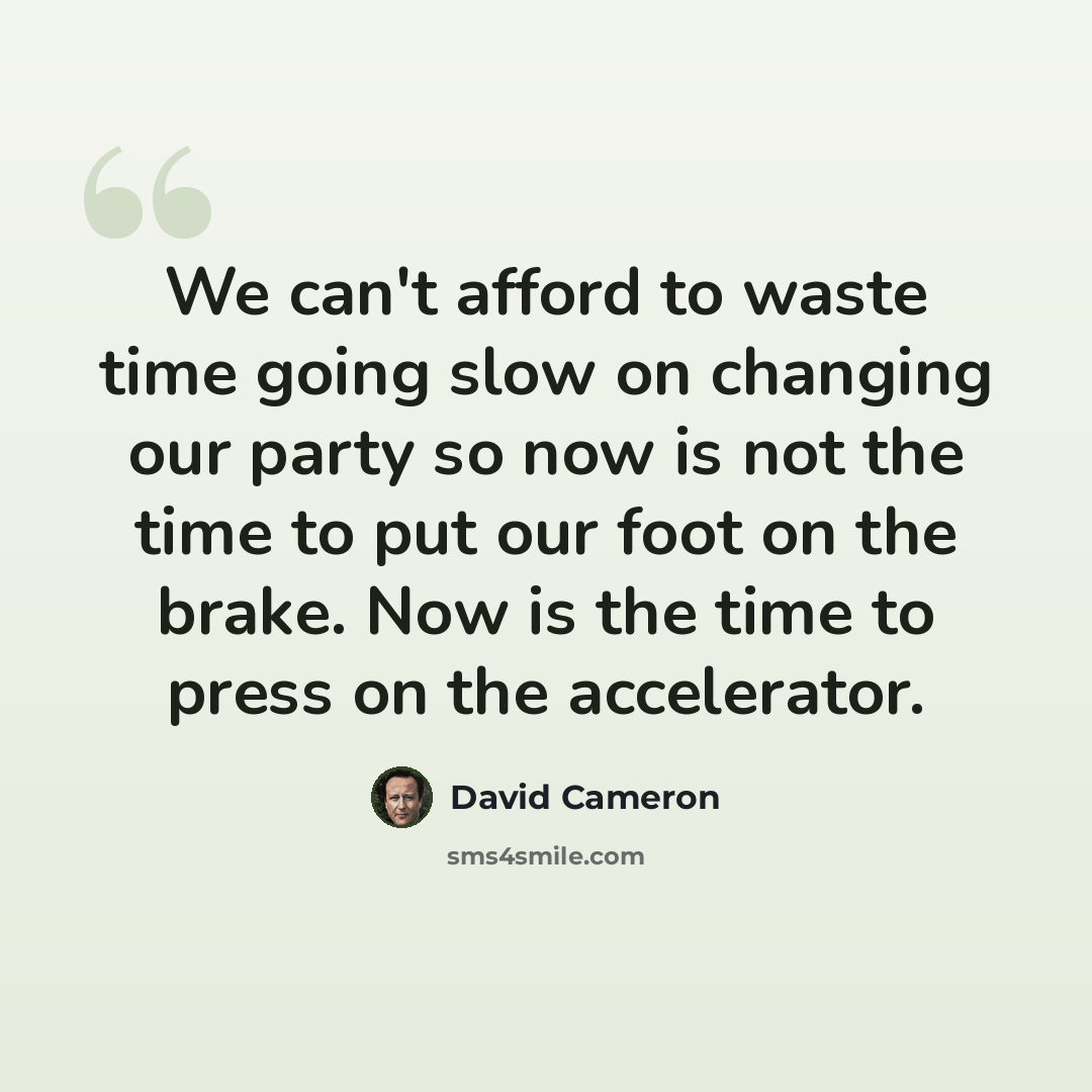 “We can't afford to waste time going slow on changing our party so now is not the time to put our foot on the brake. Now is the time to press on the accelerator.” quote by David Cameron