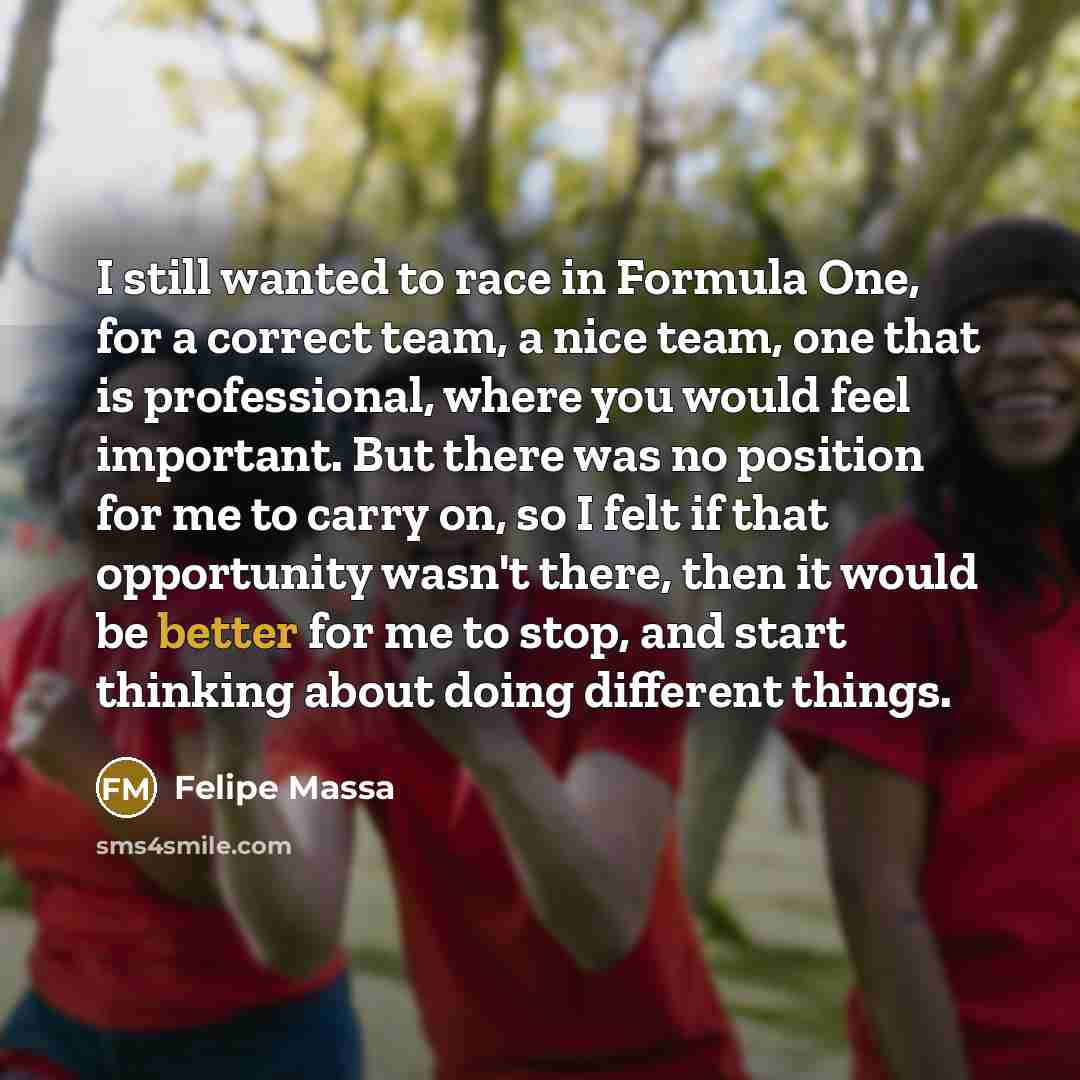 “I still wanted to race in Formula One, for a correct team, a nice team, one that is professional, where you would feel important. But there was no position for me to carry on, so I felt if that opportunity wasn't there, then it would be better for me to stop, and start thinking about doing…” quote by Felipe Massa