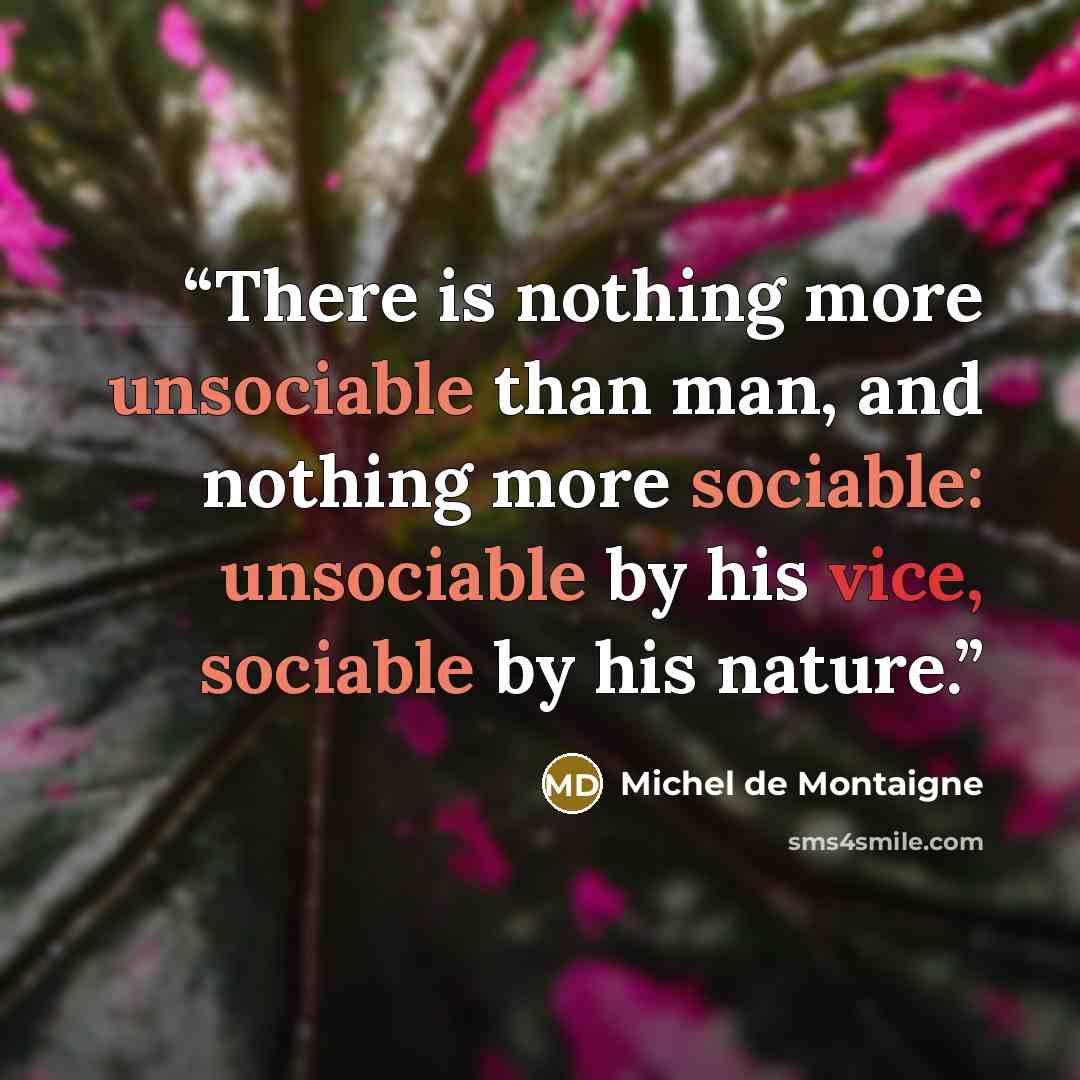 “There is nothing more unsociable than man, and nothing more sociable: unsociable by his vice, sociable by his nature.” quote by Michel de Montaigne