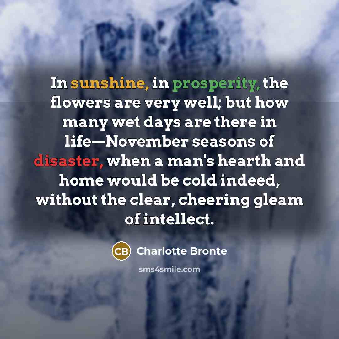 “In sunshine, in prosperity, the flowers are very well; but how many wet days are there in life—November seasons of disaster, when a man's hearth and home would be cold indeed, without the clear, cheering gleam of intellect.” quote by Charlotte Bronte