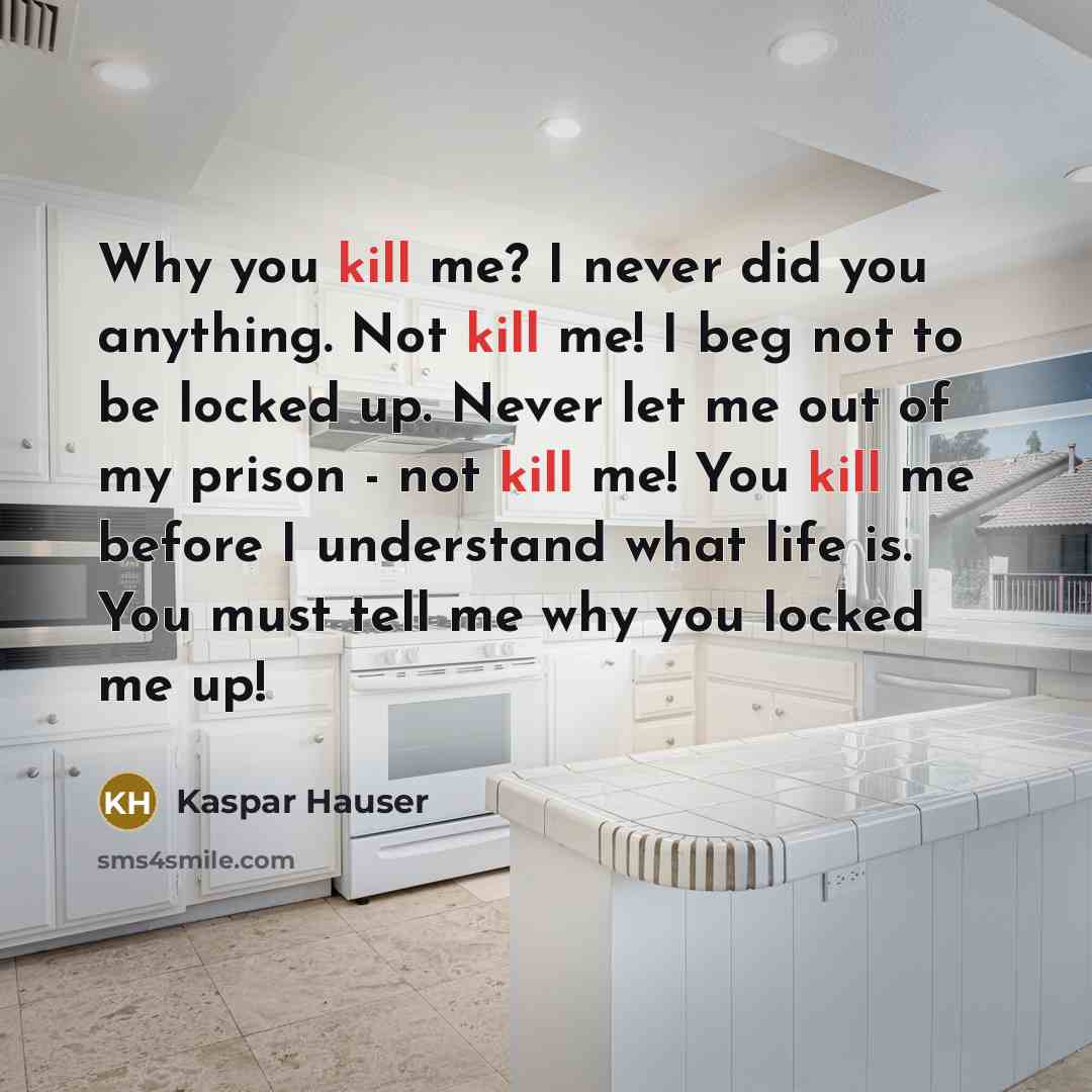 “Why you kill me? I never did you anything. Not kill me! I beg not to be locked up. Never let me out of my prison - not kill me! You kill me before I understand what life is. You must tell me why you locked me up!” quote by Kaspar Hauser