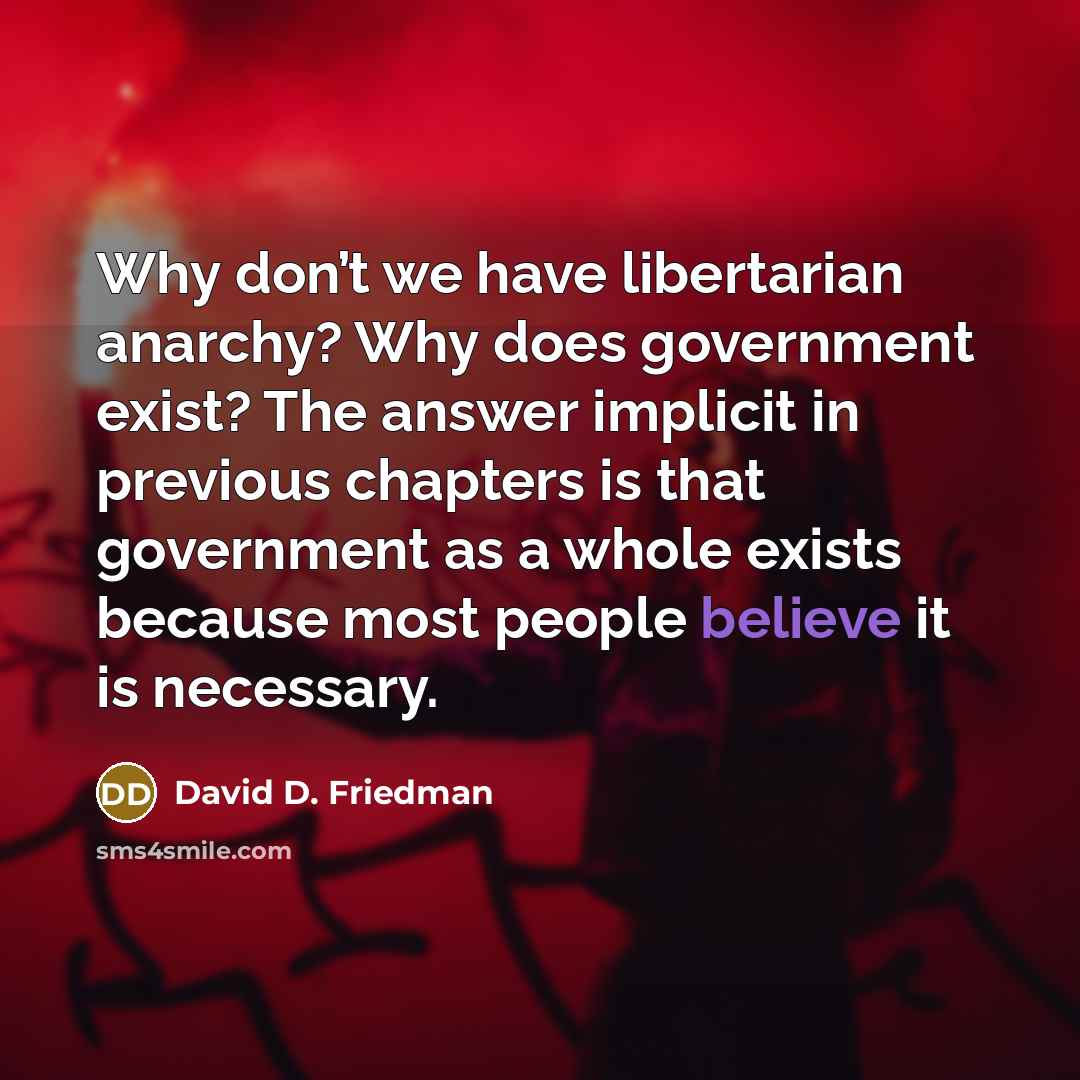 “Why don’t we have libertarian anarchy? Why does government exist? The answer implicit in previous chapters is that government as a whole exists because most people believe it is necessary.” quote by David D. Friedman