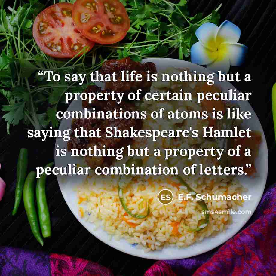 “To say that life is nothing but a property of certain peculiar combinations of atoms is like saying that Shakespeare's Hamlet is nothing but a property of a peculiar combination of letters.” quote by E.F. Schumacher