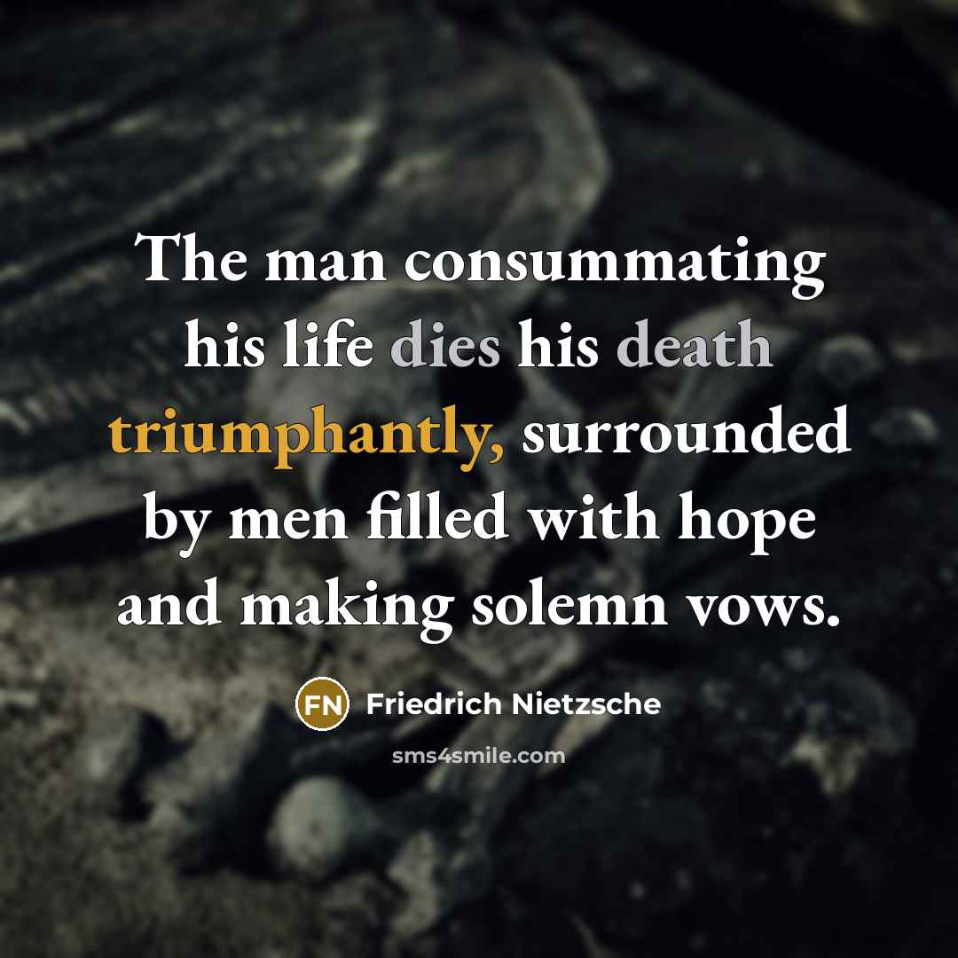 “The man consummating his life dies his death triumphantly, surrounded by men filled with hope and making solemn vows.” quote by Friedrich Nietzsche