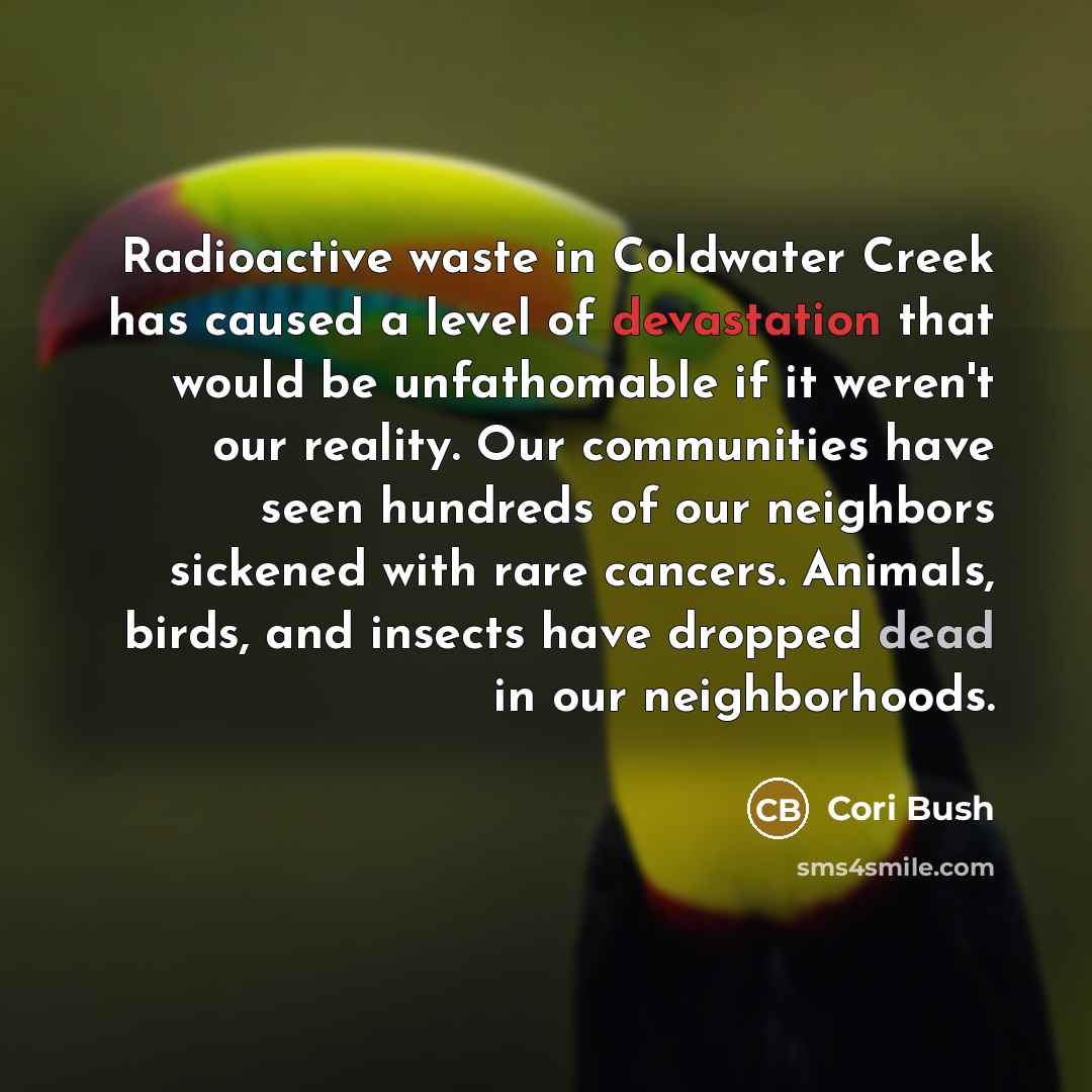 “Radioactive waste in Coldwater Creek has caused a level of devastation that would be unfathomable if it weren't our reality. Our communities have seen hundreds of our neighbors sickened with rare cancers. Animals, birds, and insects have dropped dead in our neighborhoods.” quote by Cori Bush