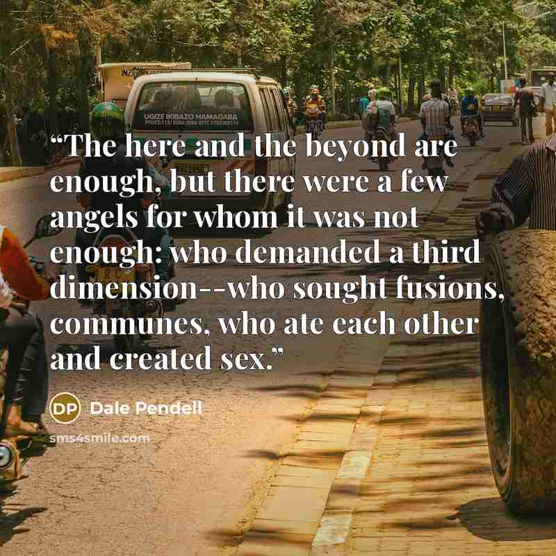 “The here and the beyond are enough, but there were a few angels for whom it was not enough: who demanded a third dimension--who sought fusions, communes, who ate each other and created sex.” quote by Dale Pendell