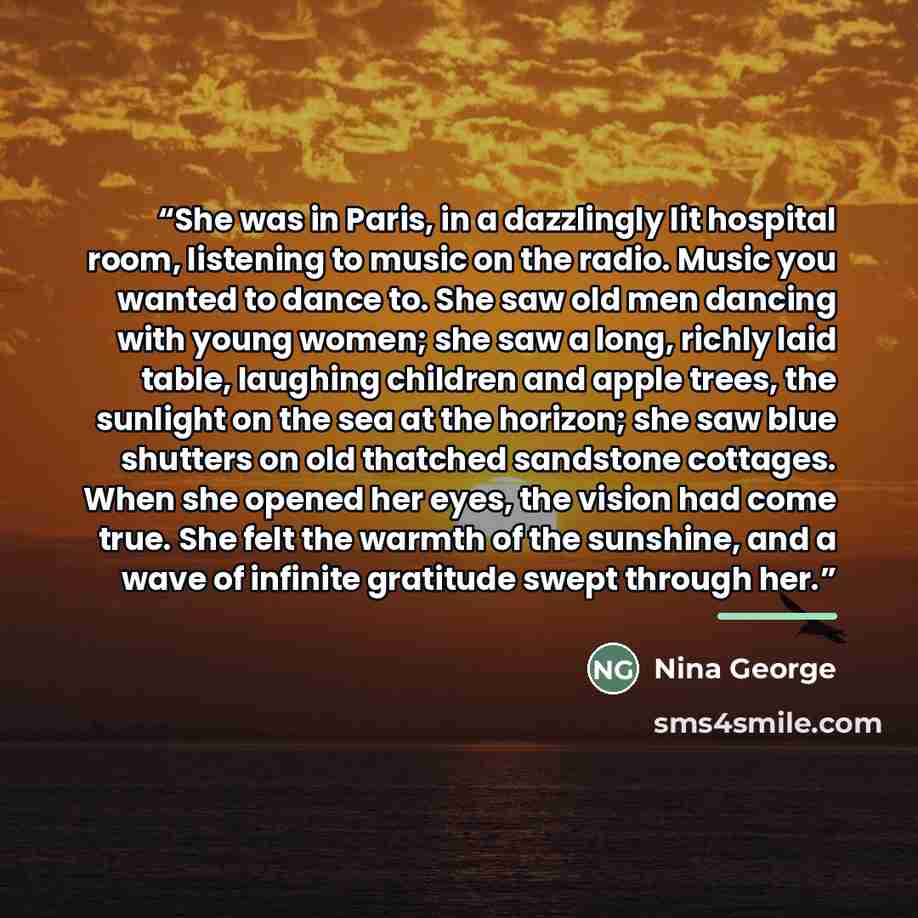 “She was in Paris, in a dazzlingly lit hospital room, listening to music on the radio. Music you wanted to dance to. She saw old men dancing with young women; she saw a long, richly laid table, laughing children and apple trees, the sunlight on the sea at the horizon; she saw blue shutters on old…” quote by Nina George