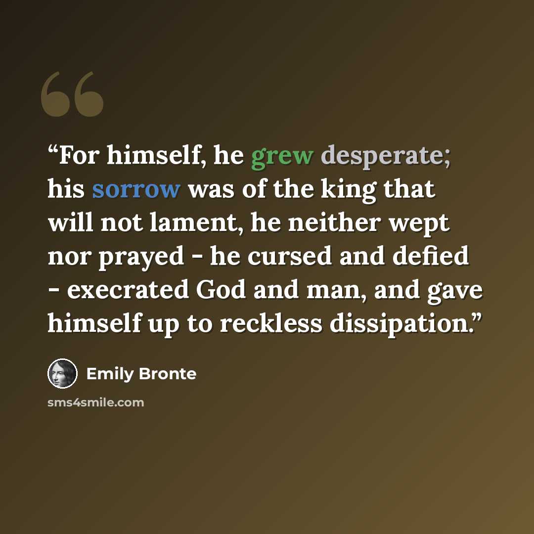 “For himself, he grew desperate; his sorrow was of the king that will not lament, he neither wept nor prayed - he cursed and defied - execrated God and man, and gave himself up to reckless dissipation.” quote by Emily Brontë