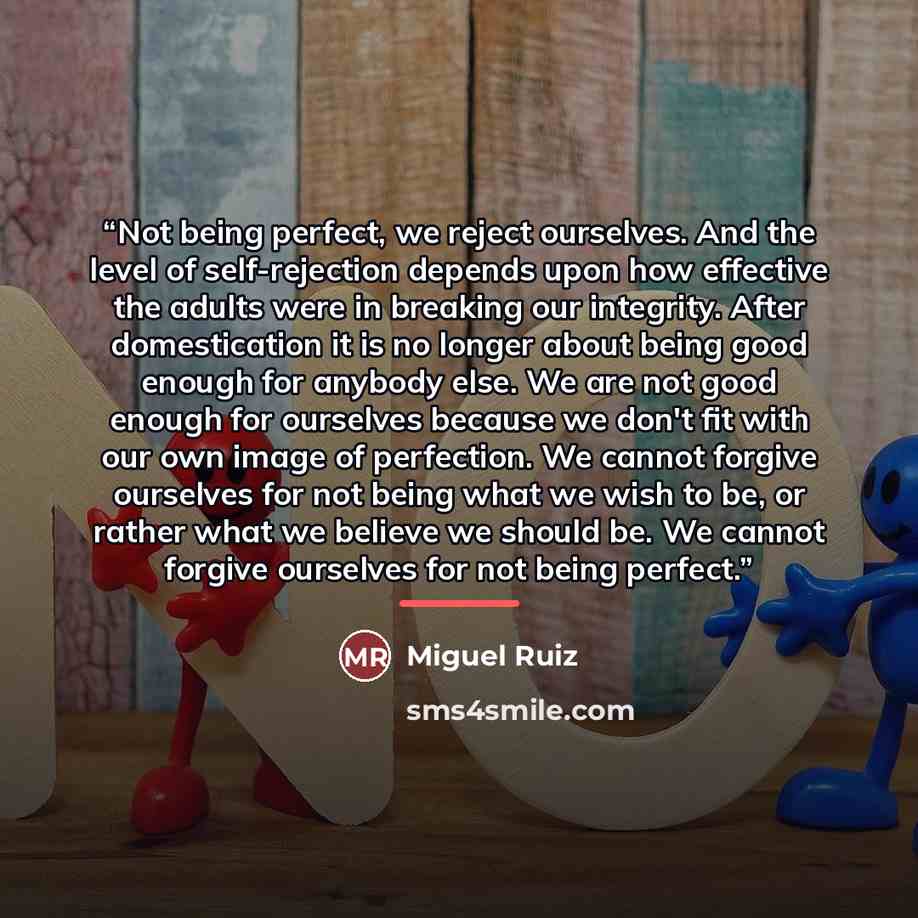 “Not being perfect, we reject ourselves. And the level of self-rejection depends upon how effective the adults were in breaking our integrity. After domestication it is no longer about being good enough for anybody else. We are not good enough for ourselves because we don't fit with our own image…” quote by Miguel Ruiz