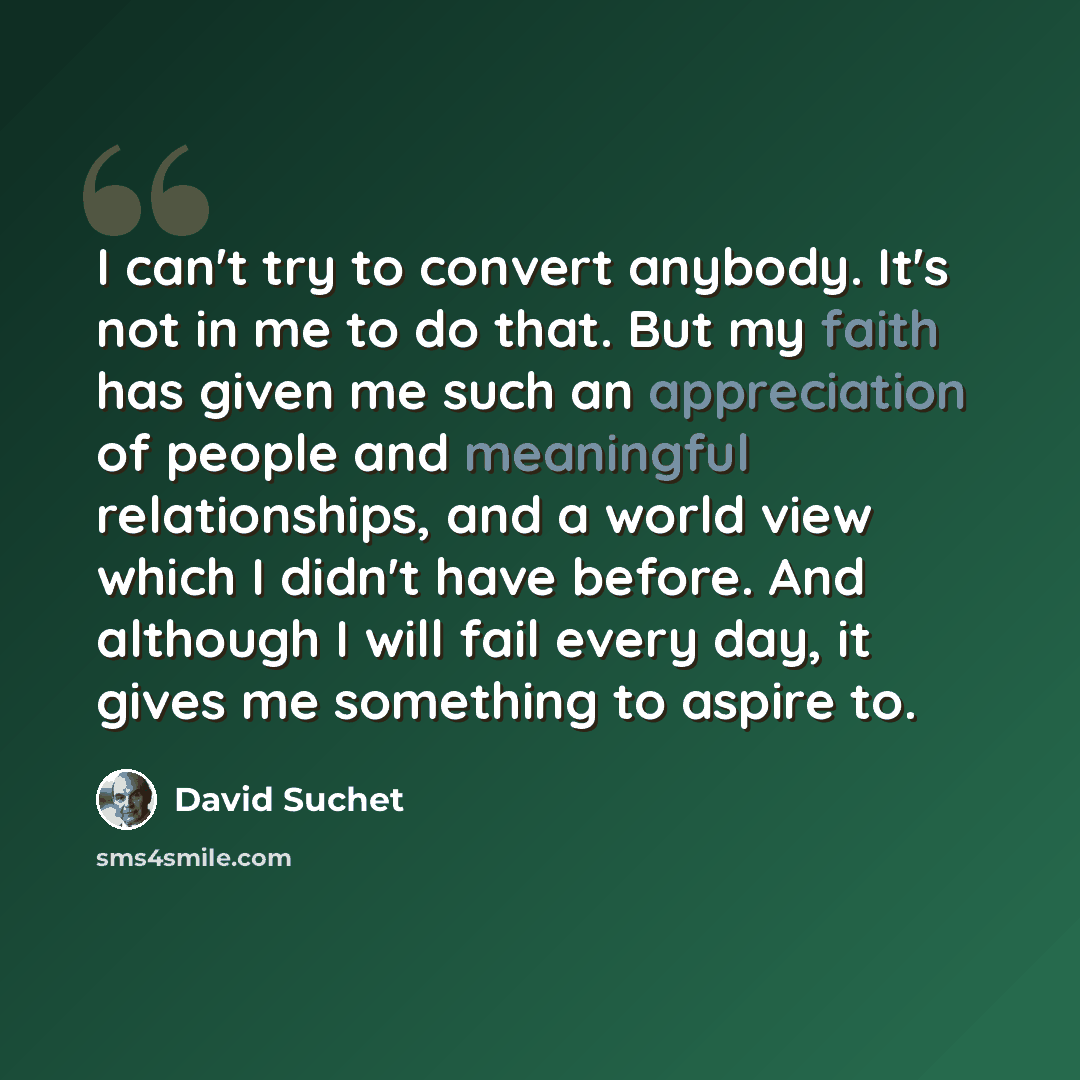 “I can't try to convert anybody. It's not in me to do that. But my faith has given me such an appreciation of people and meaningful relationships, and a world view which I didn't have before. And although I will fail every day, it gives me something to aspire to.” quote by David Suchet