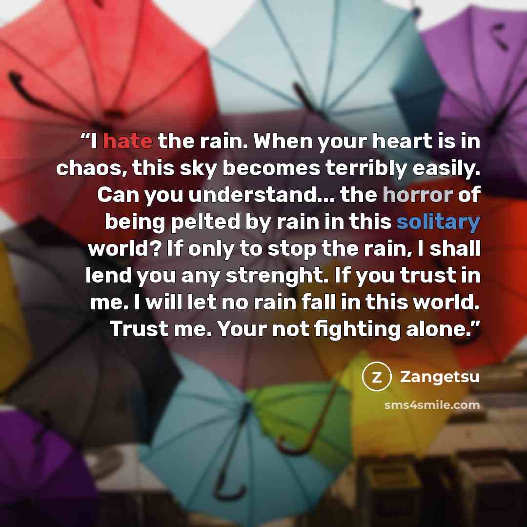 “I hate the rain. When your heart is in chaos, this sky becomes terribly easily. Can you understand... the horror of being pelted by rain in this solitary world? If only to stop the rain, I shall lend you any strenght. If you trust in me. I will let no rain fall in this world. Trust me. Your not…” quote by Zangetsu