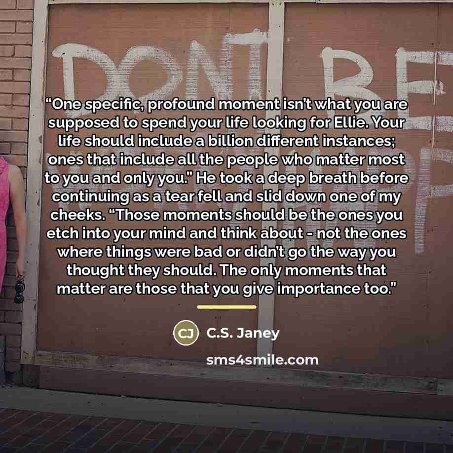 “One specific, profound moment isn’t what you are supposed to spend your life looking for Ellie. Your life should include a billion different instances; ones that include all the people who matter most to you and only you.” He took a deep breath before continuing as a tear fell and slid down one of…” quote by C.S. Janey