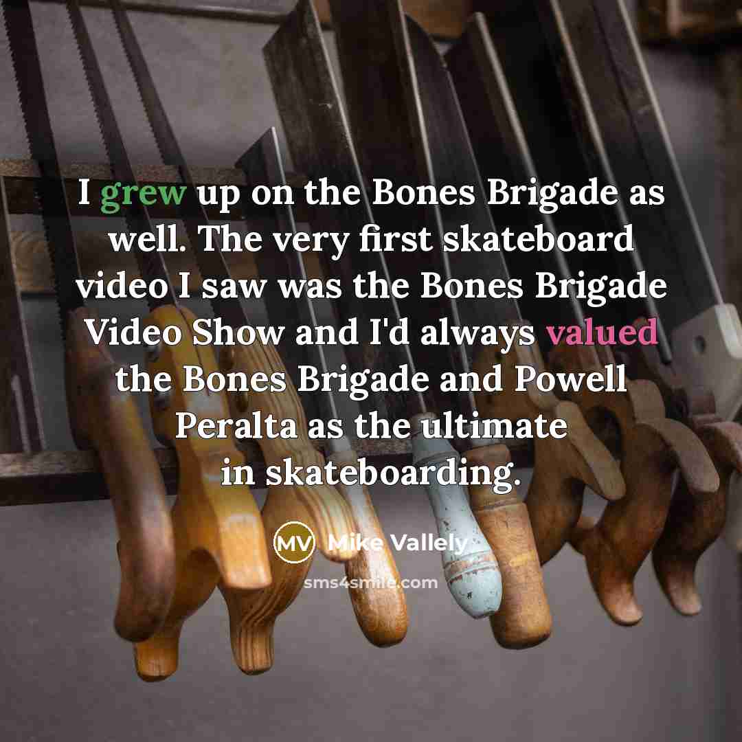 “I grew up on the Bones Brigade as well. The very first skateboard video I saw was the Bones Brigade Video Show and I'd always valued the Bones Brigade and Powell Peralta as the ultimate in skateboarding.” quote by Mike Vallely