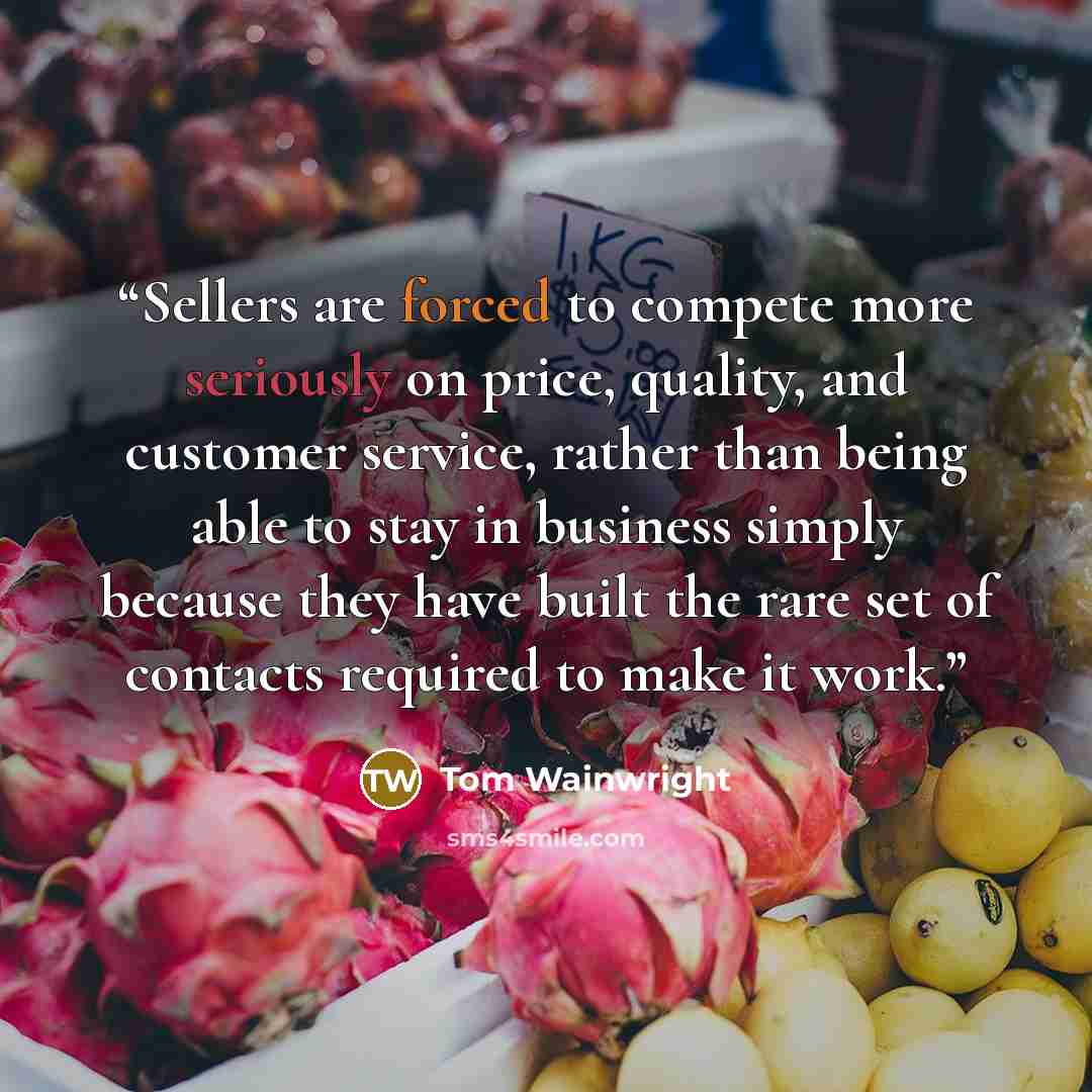 “Sellers are forced to compete more seriously on price, quality, and customer service, rather than being able to stay in business simply because they have built the rare set of contacts required to make it work.” quote by Tom Wainwright