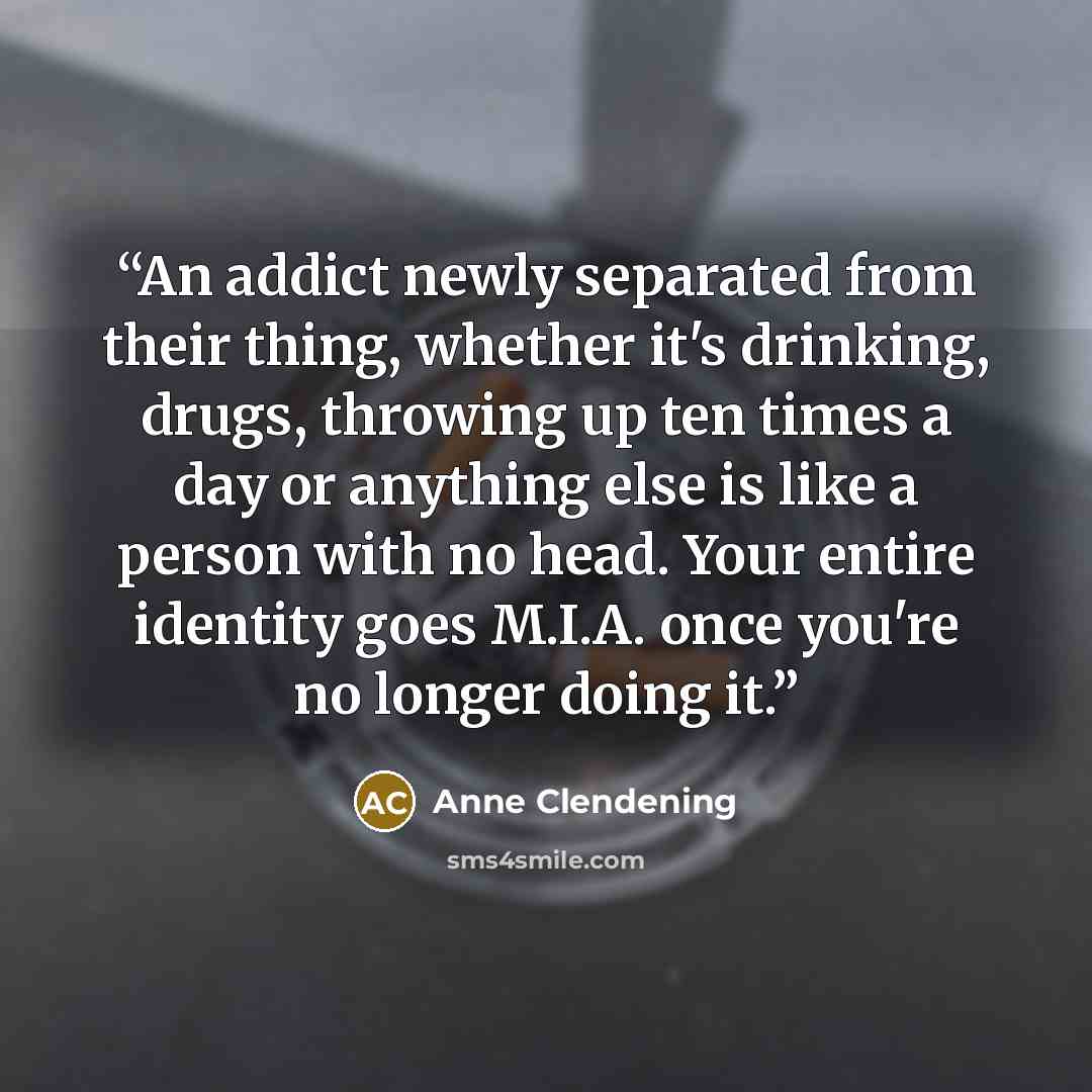 “An addict newly separated from their thing, whether it's drinking, drugs, throwing up ten times a day or anything else is like a person with no head. Your entire identity goes M.I.A. once you're no longer doing it.” quote by Anne Clendening
