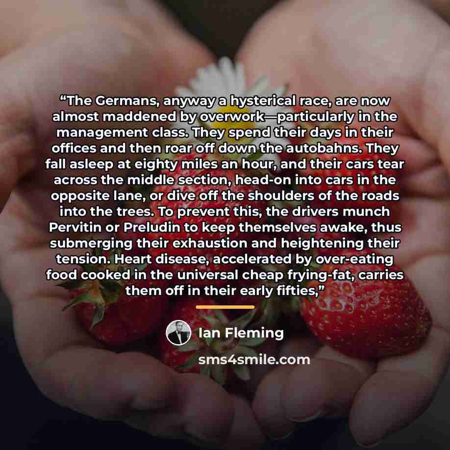 “The Germans, anyway a hysterical race, are now almost maddened by overwork—particularly in the management class. They spend their days in their offices and then roar off down the autobahns. They fall asleep at eighty miles an hour, and their cars tear across the middle section, head-on into cars…” quote by Ian Fleming