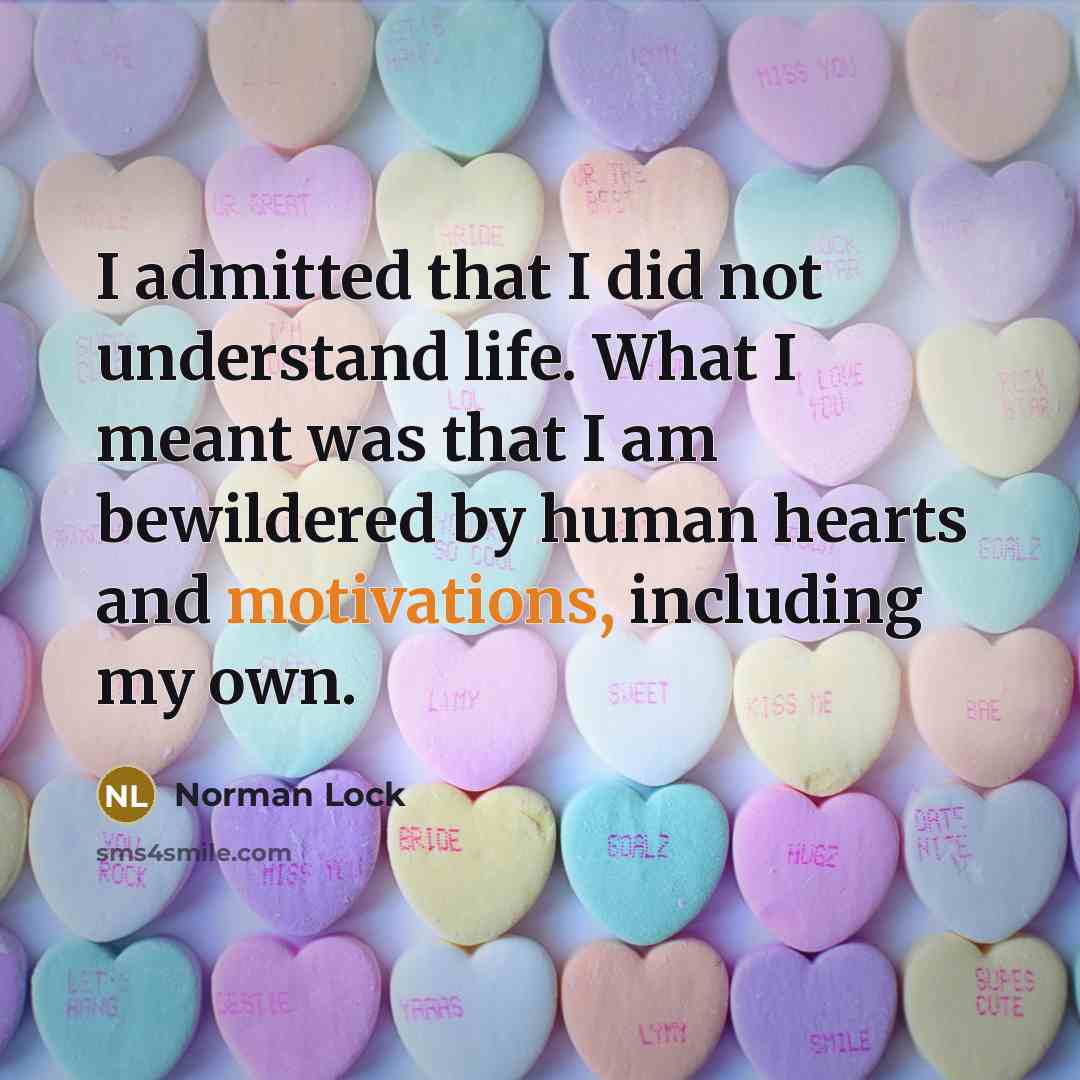 “I admitted that I did not understand life. What I meant was that I am bewildered by human hearts and motivations, including my own.” quote by Norman Lock