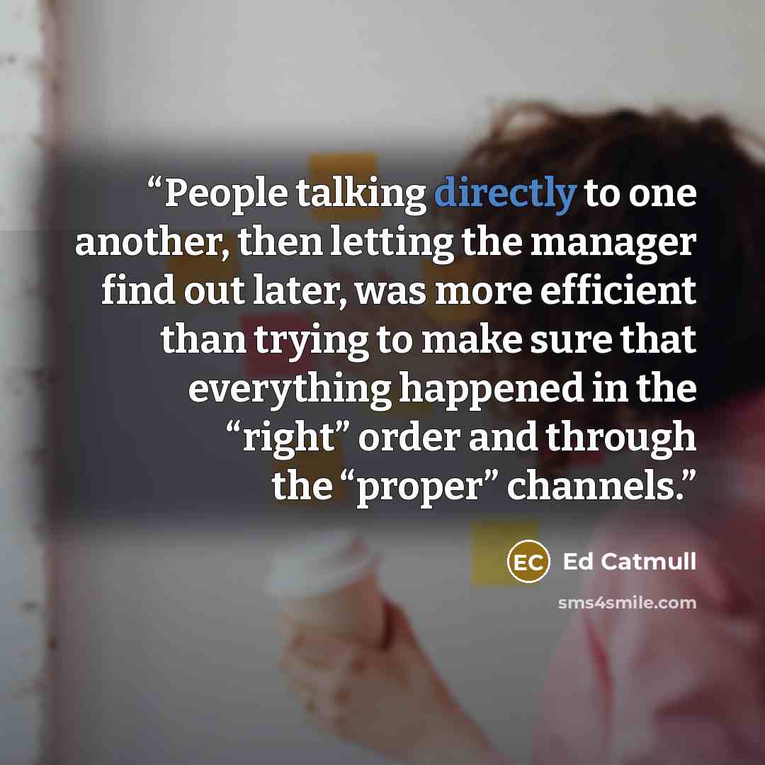 “People talking directly to one another, then letting the manager find out later, was more efficient than trying to make sure that everything happened in the “right” order and through the “proper” channels.” quote by Ed Catmull