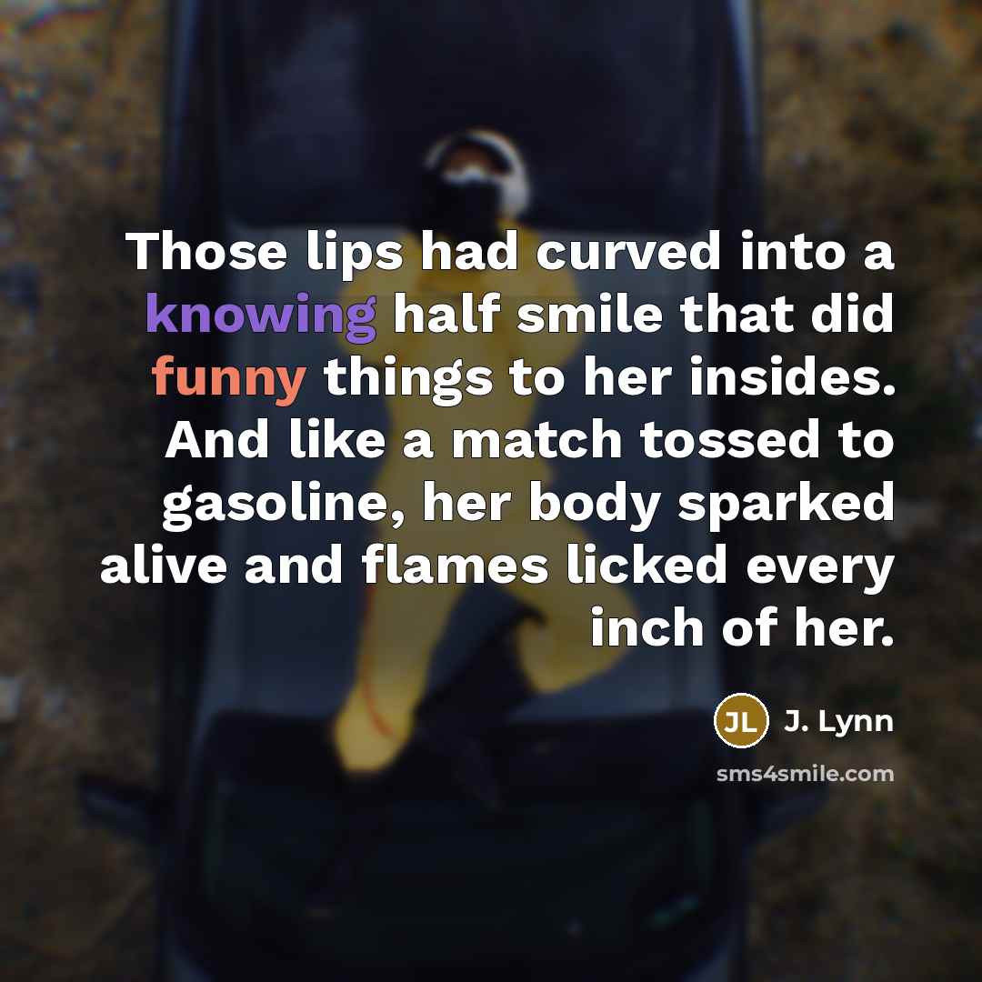 “Those lips had curved into a knowing half smile that did funny things to her insides. And like a match tossed to gasoline, her body sparked alive and flames licked every inch of her.” quote by J. Lynn