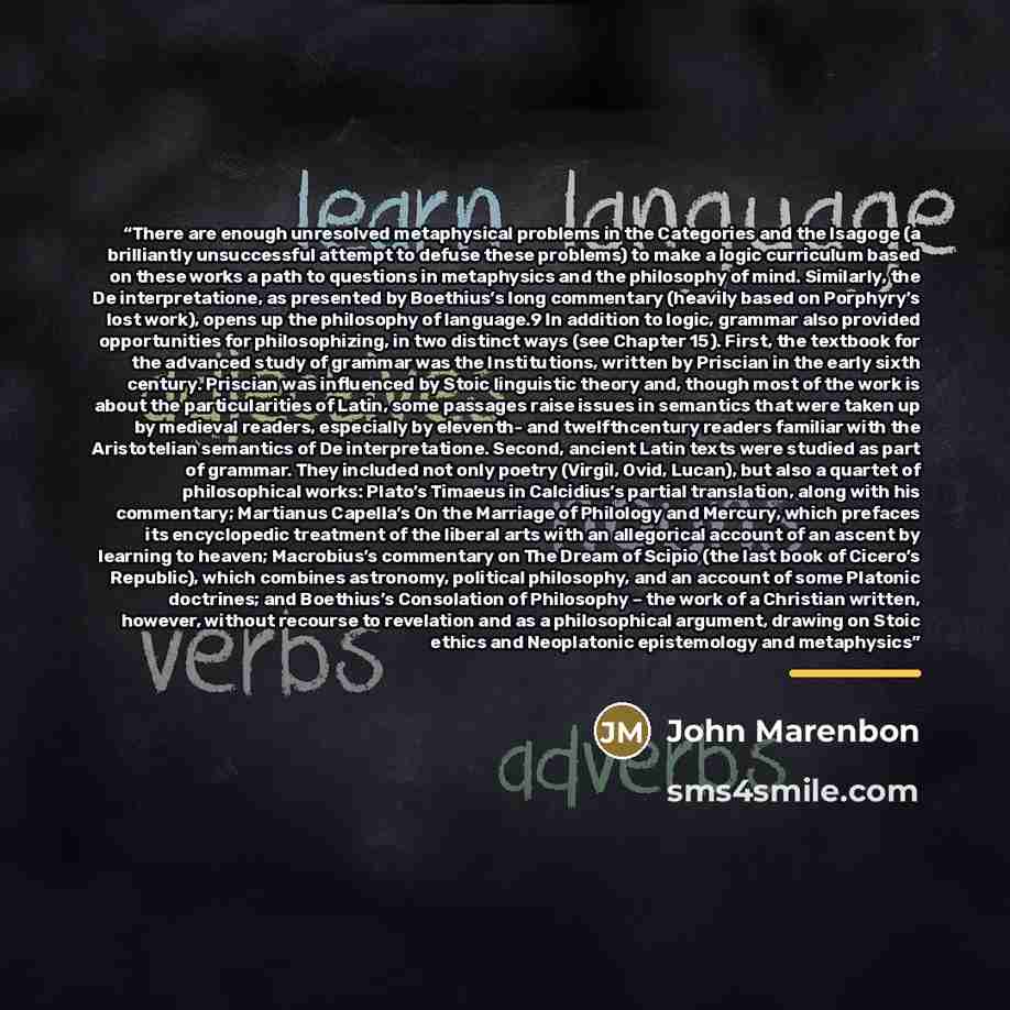 “There are enough unresolved metaphysical problems in the Categories and the Isagoge (a brilliantly unsuccessful attempt to defuse these problems) to make a logic curriculum based on these works a path to questions in metaphysics and the philosophy of mind. Similarly, the De interpretatione, as…” quote by John Marenbon