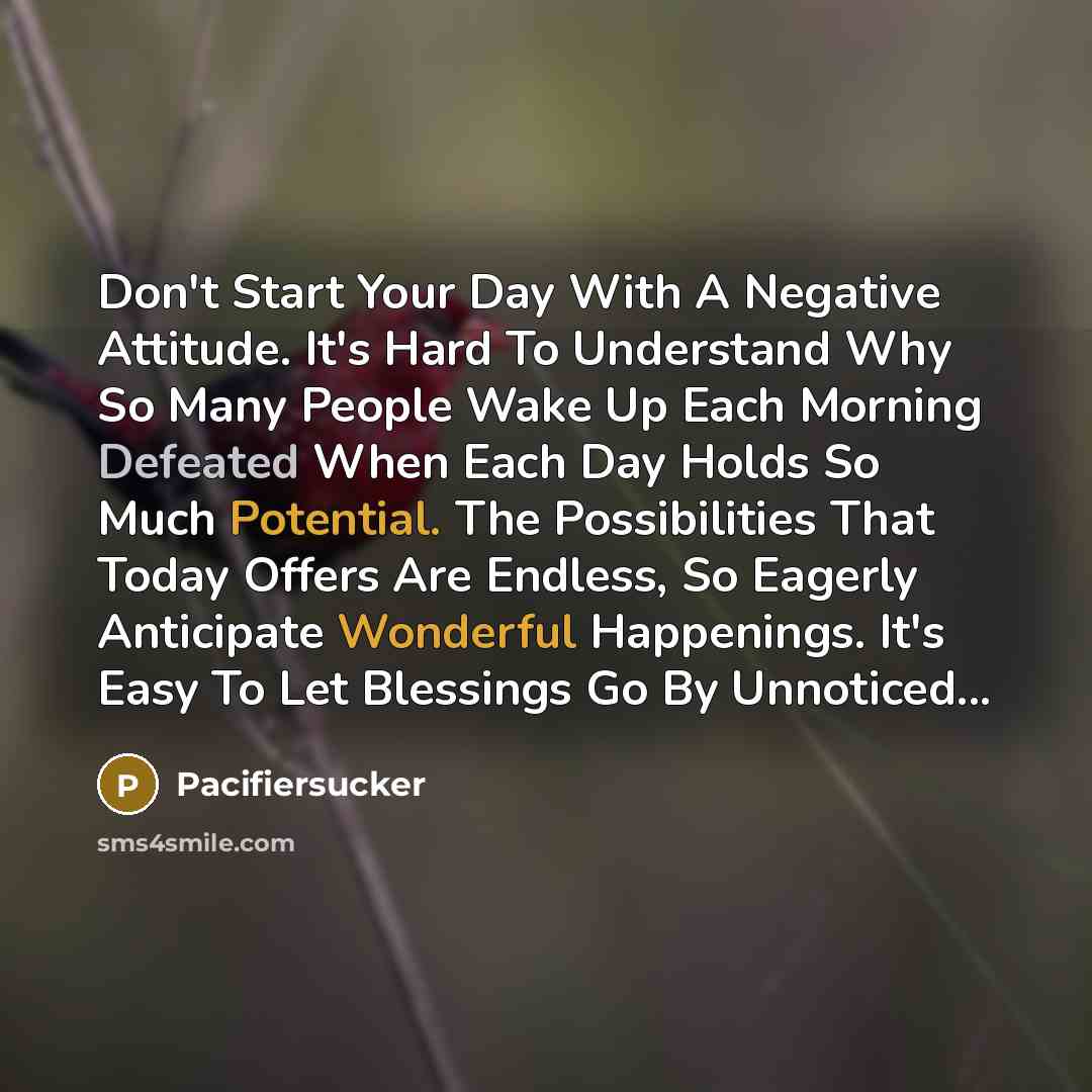 “Don't Start Your Day With A Negative Attitude. It's Hard To Understand Why So Many People Wake Up Each Morning Defeated When Each Day Holds So Much Potential. The Possibilities That Today Offers Are Endless, So Eagerly Anticipate Wonderful Happenings. It's Easy To Let Blessings Go By Unnoticed...” quote by Pacifiersucker