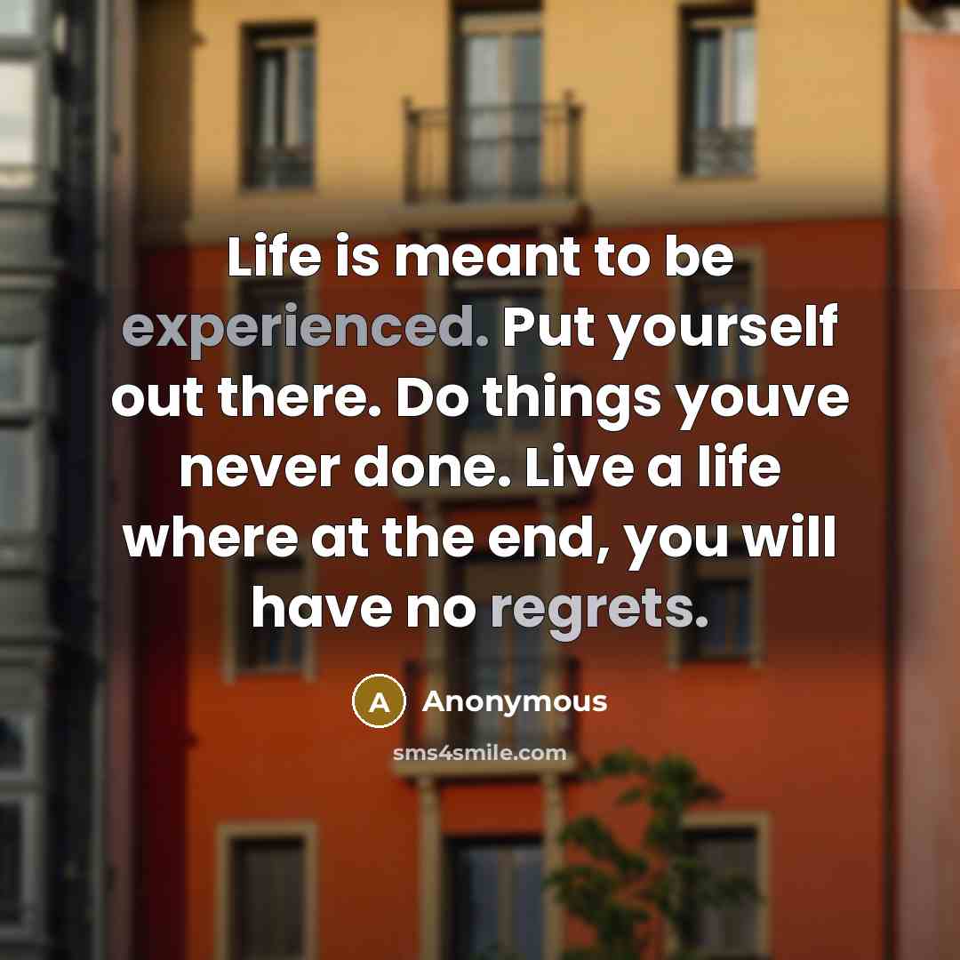 “Life is meant to be experienced. Put yourself out there. Do things youve never done. Live a life where at the end, you will have no regrets.” quote by Anonymous