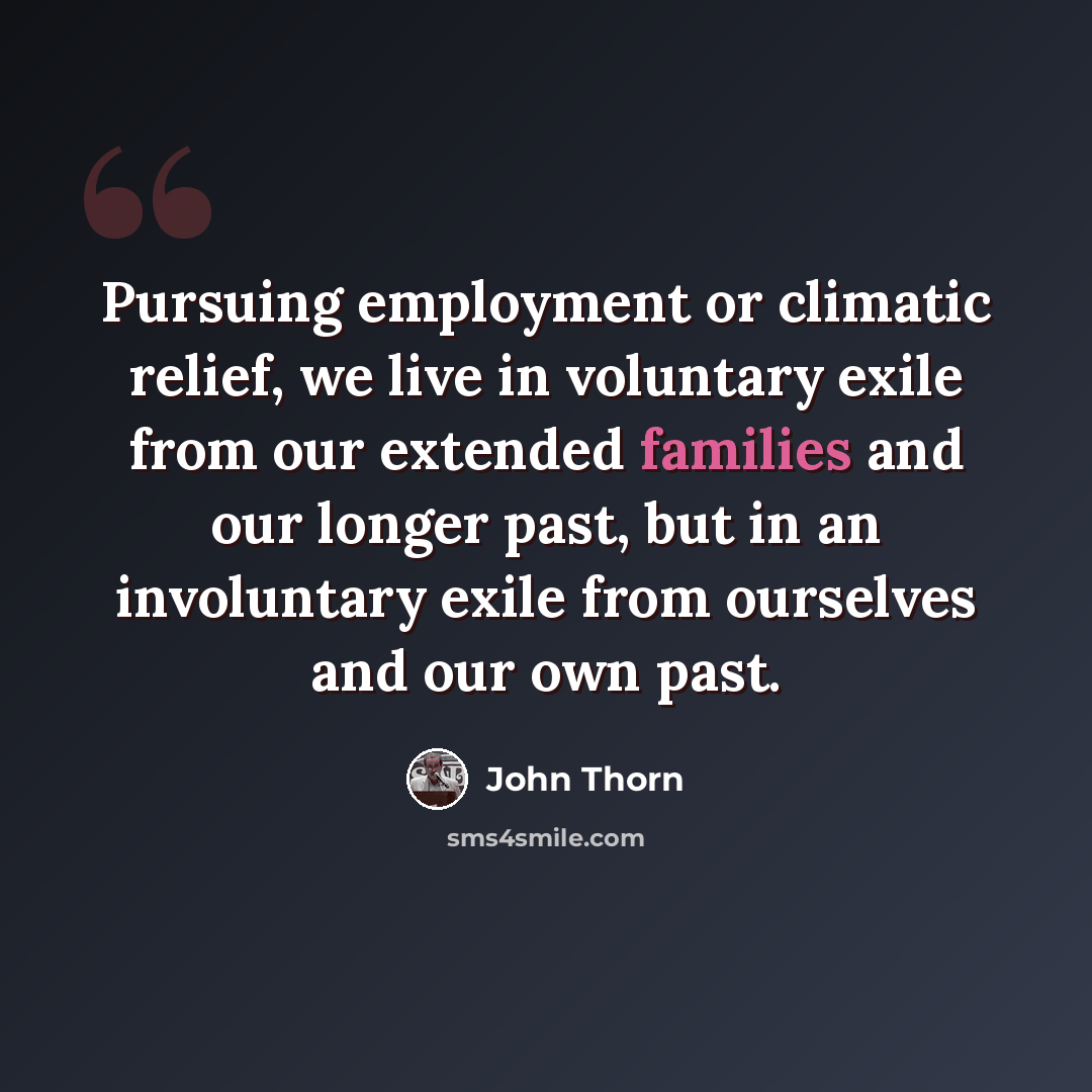 “Pursuing employment or climatic relief, we live in voluntary exile from our extended families and our longer past, but in an involuntary exile from ourselves and our own past.” quote by John Thorn