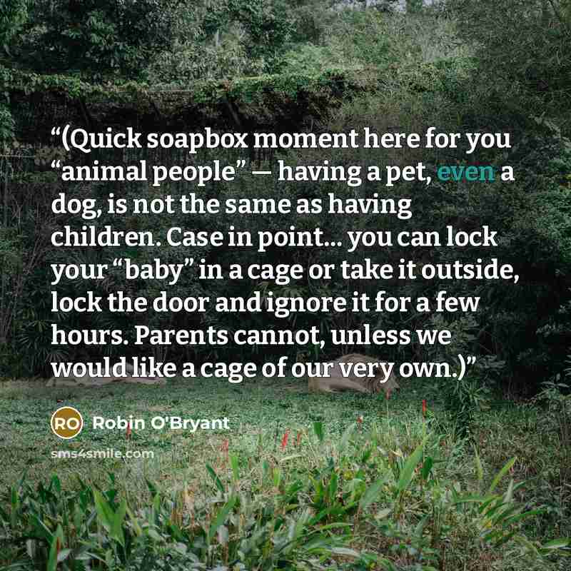“(Quick soapbox moment here for you “animal people” — having a pet, even a dog, is not the same as having children. Case in point… you can lock your “baby” in a cage or take it outside, lock the door and ignore it for a few hours. Parents cannot, unless we would like a cage of our very own.)” quote by Robin O'Bryant