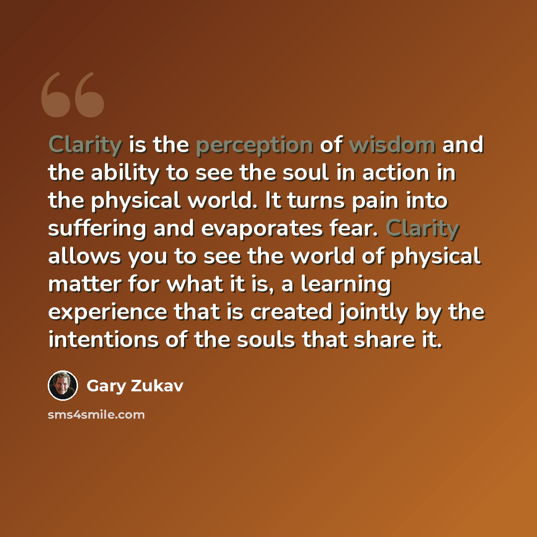 “Clarity is the perception of wisdom and the ability to see the soul in action in the physical world. It turns pain into suffering and evaporates fear. Clarity allows you to see the world of physical matter for what it is, a learning experience that is created jointly by the intentions of the souls…” quote by Gary Zukav