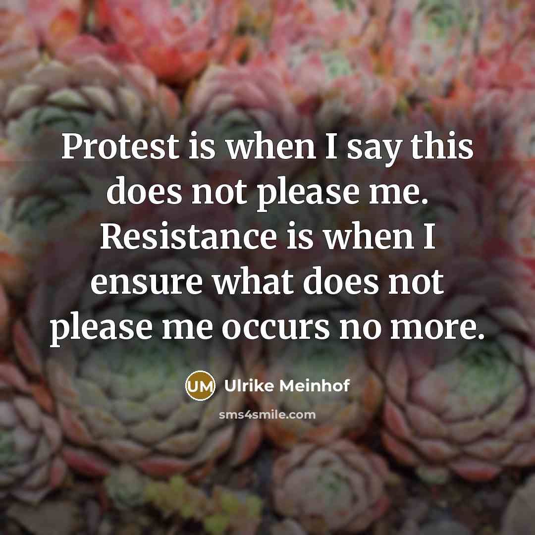 “Protest is when I say this does not please me. Resistance is when I ensure what does not please me occurs no more.” quote by Ulrike Meinhof