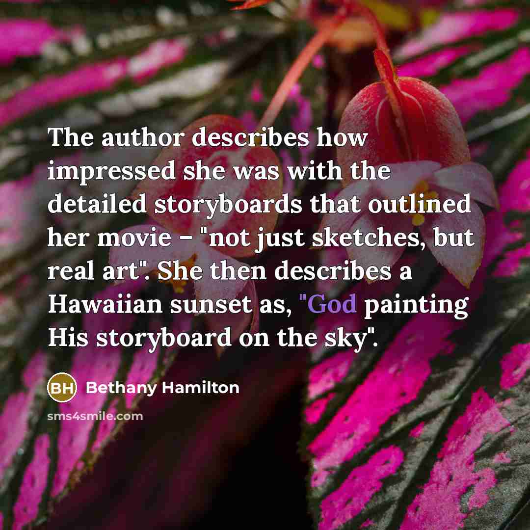 “The author describes how impressed she was with the detailed storyboards that outlined her movie – "not just sketches, but real art". She then describes a Hawaiian sunset as, "God painting His storyboard on the sky".” quote by Bethany Hamilton