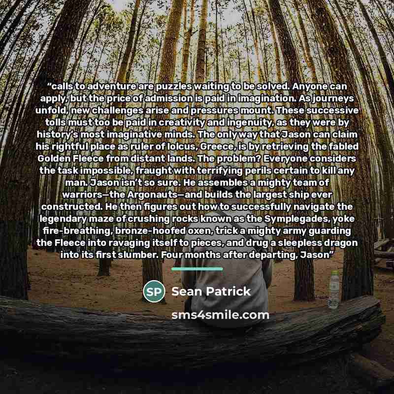 “calls to adventure are puzzles waiting to be solved. Anyone can apply, but the price of admission is paid in imagination. As journeys unfold, new challenges arise and pressures mount. These successive tolls must too be paid in creativity and ingenuity, as they were by history’s most imaginative…” quote by Sean Patrick