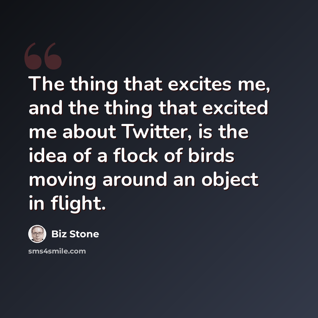 “The thing that excites me, and the thing that excited me about Twitter, is the idea of a flock of birds moving around an object in flight.” quote by Biz Stone