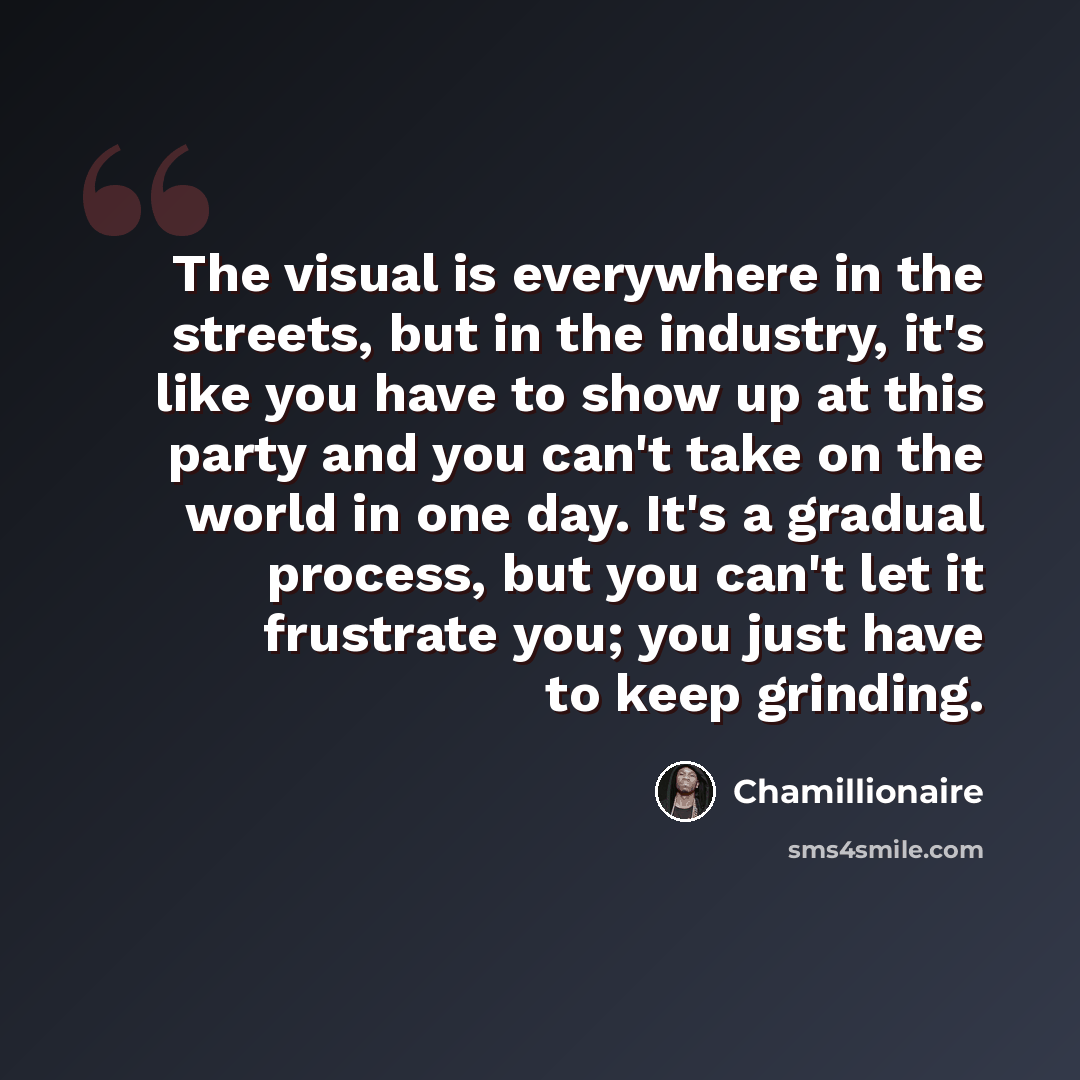 “The visual is everywhere in the streets, but in the industry, it's like you have to show up at this party and you can't take on the world in one day. It's a gradual process, but you can't let it frustrate you; you just have to keep grinding.” quote by Chamillionaire