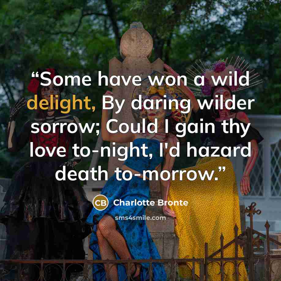 “Some have won a wild delight, By daring wilder sorrow; Could I gain thy love to-night, I'd hazard death to-morrow.” quote by Charlotte Brontë