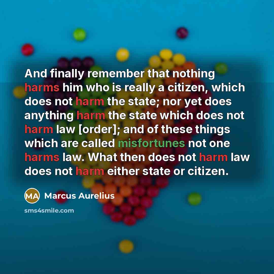 “And finally remember that nothing harms him who is really a citizen, which does not harm the state; nor yet does anything harm the state which does not harm law [order]; and of these things which are called misfortunes not one harms law. What then does not harm law does not harm either state or…” quote by Marcus Aurelius
