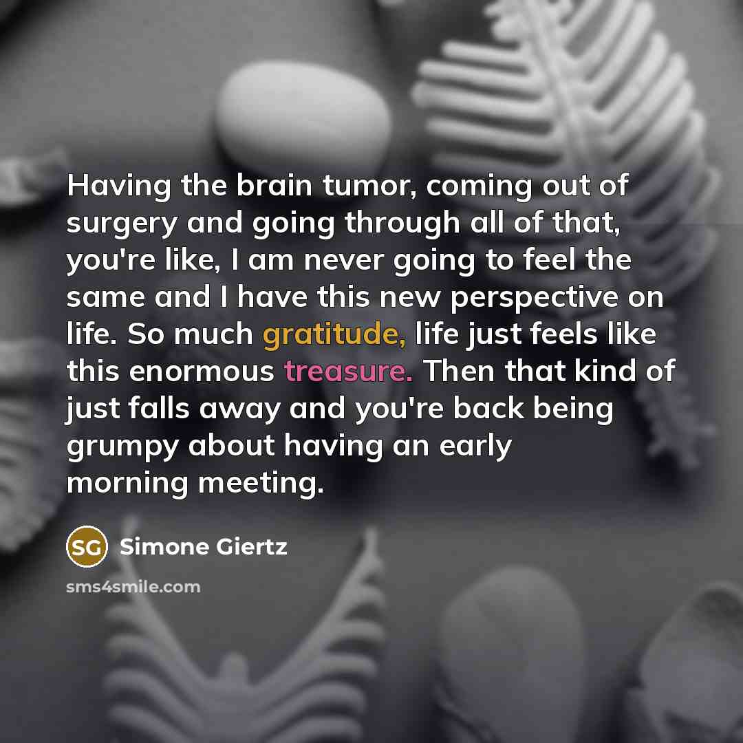 “Having the brain tumor, coming out of surgery and going through all of that, you're like, I am never going to feel the same and I have this new perspective on life. So much gratitude, life just feels like this enormous treasure. Then that kind of just falls away and you're back being grumpy about…” quote by Simone Giertz