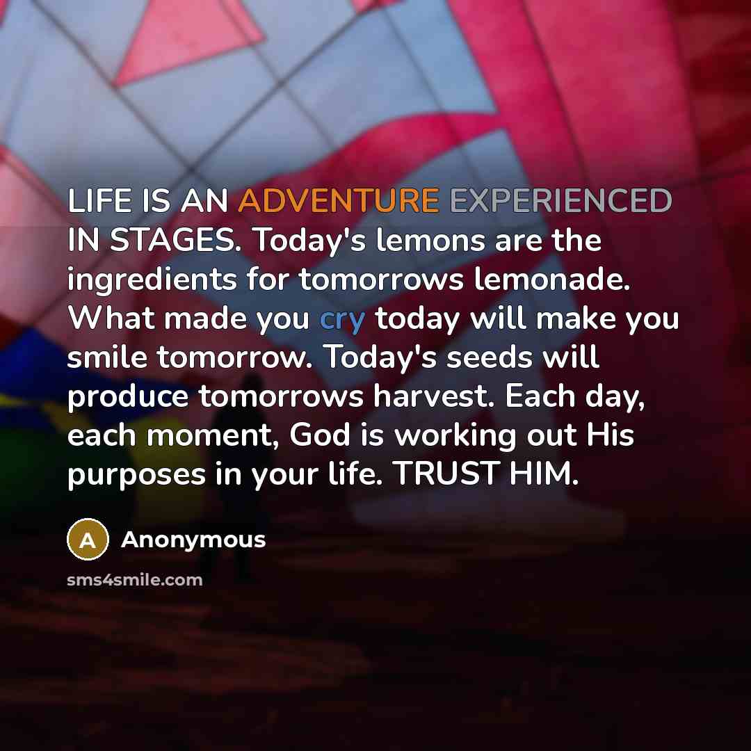 “LIFE IS AN ADVENTURE EXPERIENCED IN STAGES. Today's lemons are the ingredients for tomorrows lemonade. What made you cry today will make you smile tomorrow. Today's seeds will produce tomorrows harvest. Each day, each moment, God is working out His purposes in your life. TRUST HIM.” quote by Anonymous