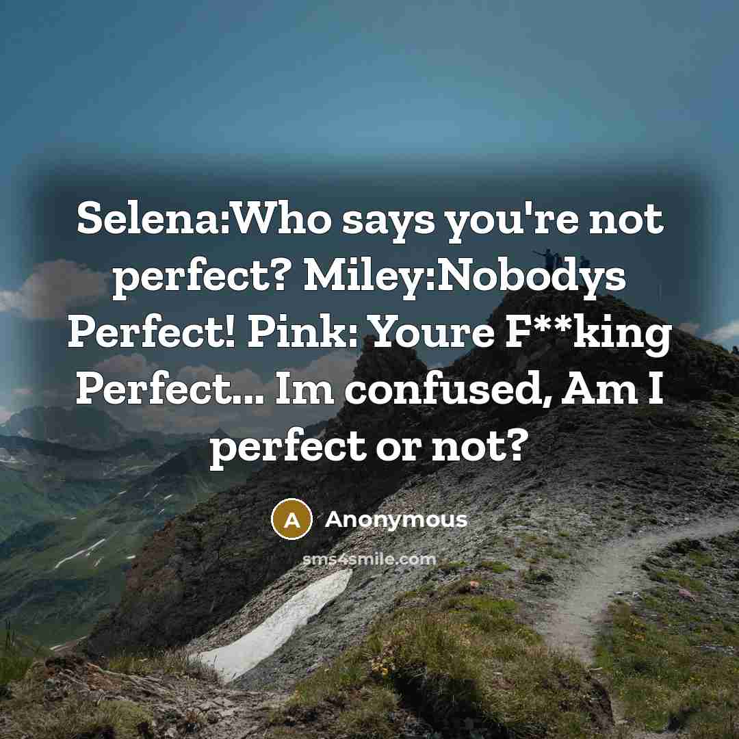 “Selena:Who says you're not perfect? Miley:Nobodys Perfect! Pink: Youre F**king Perfect... Im confused, Am I perfect or not?” quote by Anonymous