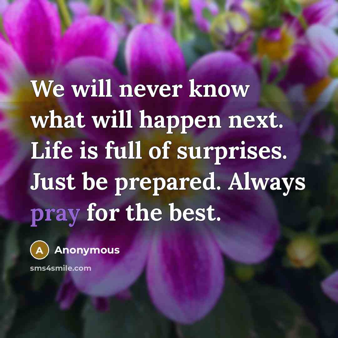 “We will never know what will happen next. Life is full of surprises. Just be prepared. Always pray for the best.” quote by Anonymous
