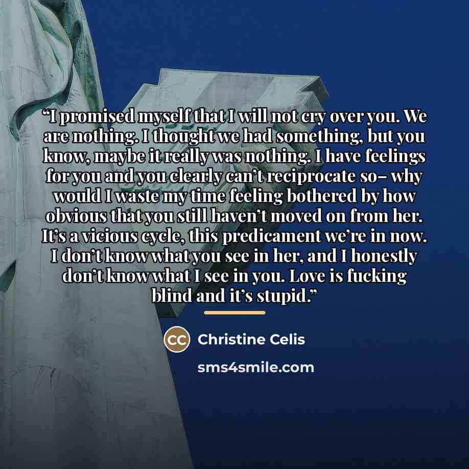 “I promised myself that I will not cry over you. We are nothing. I thought we had something, but you know, maybe it really was nothing. I have feelings for you and you clearly can’t reciprocate so– why would I waste my time feeling bothered by how obvious that you still haven’t moved on from her…” quote by Christine Celis