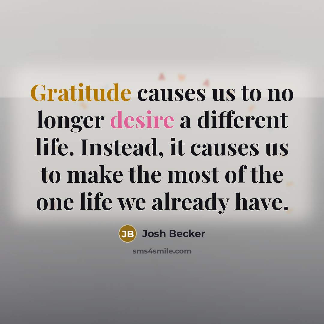 “Gratitude causes us to no longer desire a different life. Instead, it causes us to make the most of the one life we already have.” quote by Josh Becker