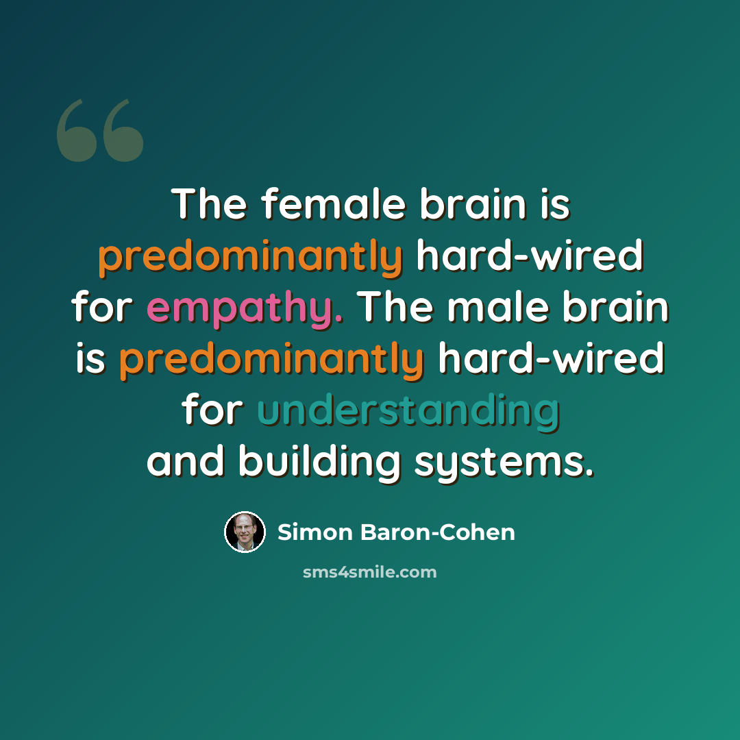 “The female brain is predominantly hard-wired for empathy. The male brain is predominantly hard-wired for understanding and building systems.” quote by Simon Baron-Cohen